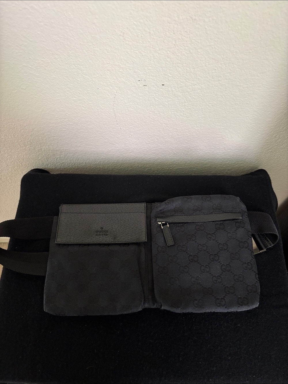 Vintage Gucci Black GG Canvas Belt Bag with Dual Pockets